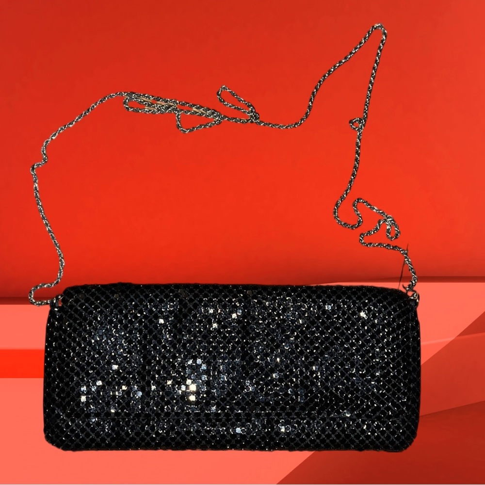 Black sequined ladies Clutch with long strap